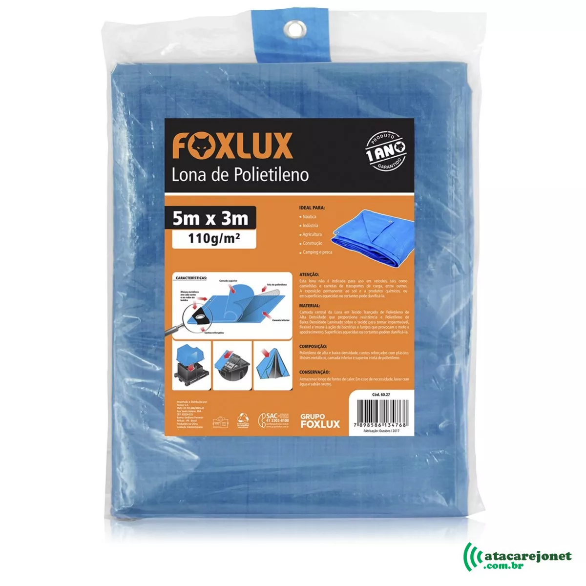 Lona Carreteiro Azul 5x3m 150 micras 110g/m2 com Ilhoses Metálicos - Foxlux