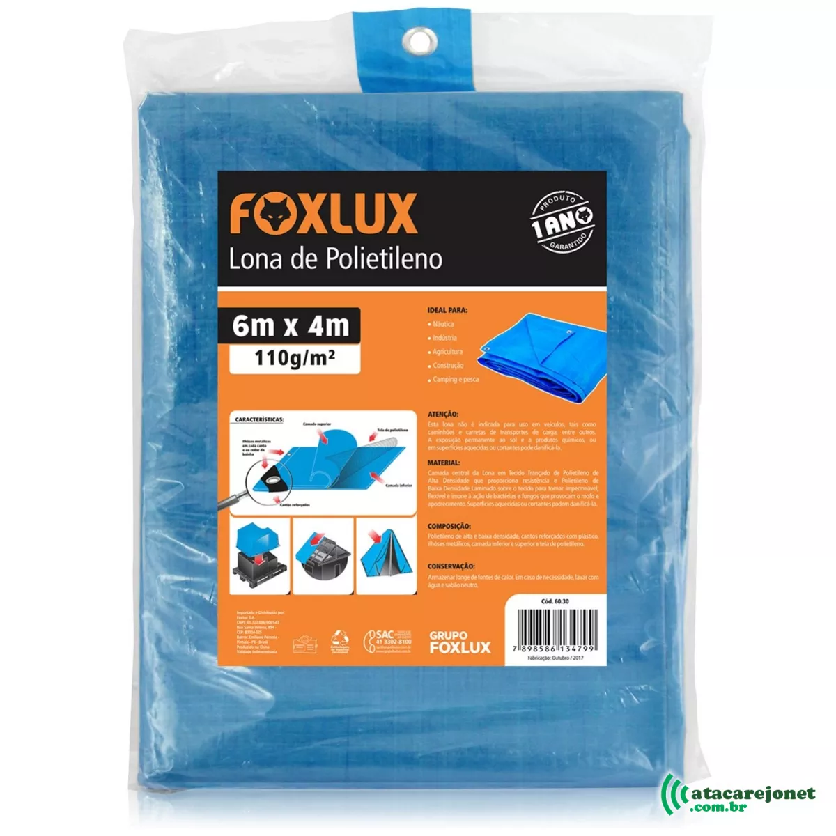 Lona Carreteiro Azul 6x4m 150 micras 110g/m2 com Ilhoses Metálicos - Foxlux